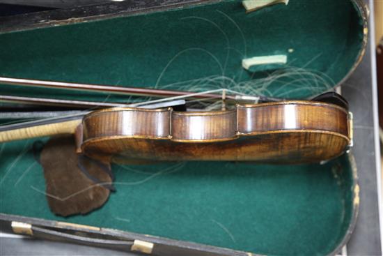 A Metro violin and a silver-mounted bow and one other